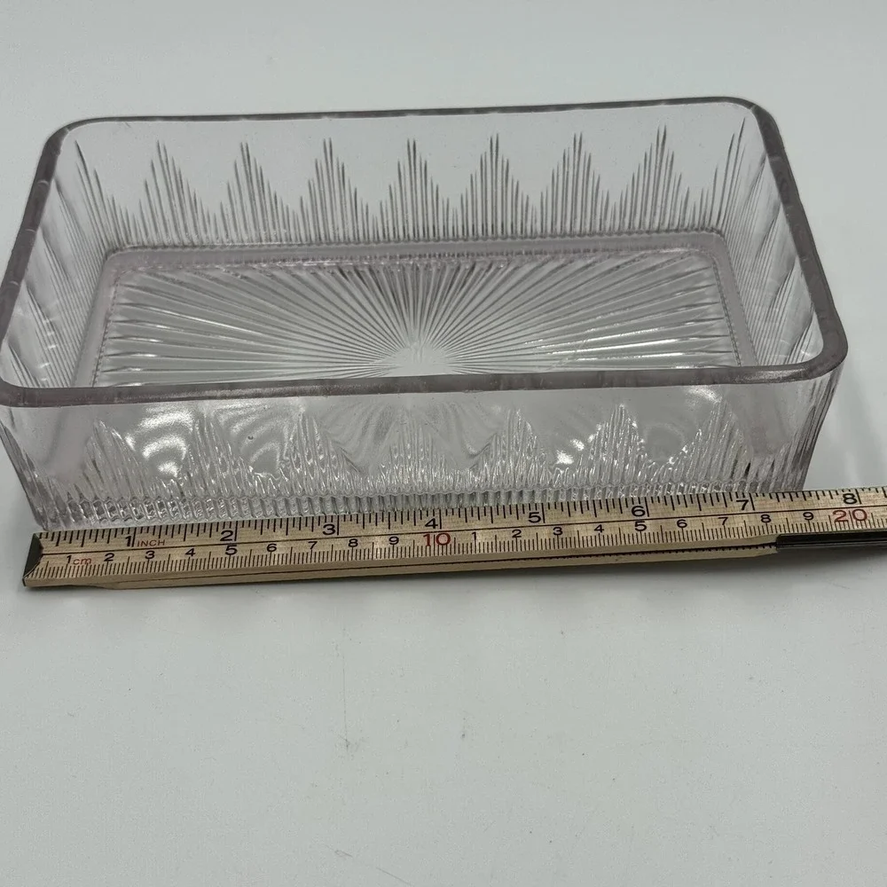 Vtg Purple tinted Pressed Glass Rectangular Refrigerator Dish Starburst Pattern